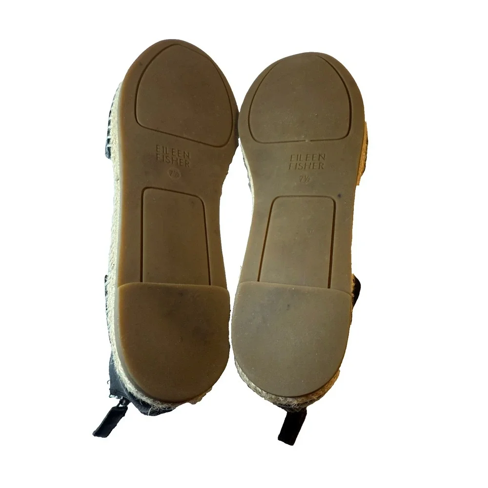 Eileen Fisher Leather Sandal Coy Espadrille Skimmer Flat Mesh Back Zip Black 7.5